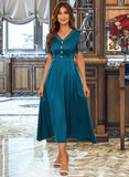 Shannon V-Neck Short Sleeves Elegant A-line Satin Midi Dresses UKP0016817