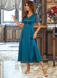 Shannon V-Neck Short Sleeves Elegant A-line Satin Midi Dresses UKP0016817