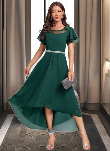 Nayeli Beading Round Neck Short Sleeves A-line Chiffon Lace Asymmetrical Dresses UKP0016836