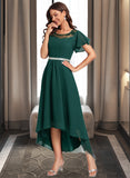 Nayeli Beading Round Neck Short Sleeves A-line Chiffon Lace Asymmetrical Dresses UKP0016836