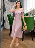 Dalia V-Neck Short Sleeves Elegant Sheath Satin Midi Dresses UKP0016847