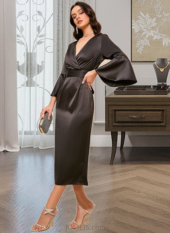 Essence V-Neck Long Sleeves Elegant Sheath Satin Midi Dresses UKP0016855