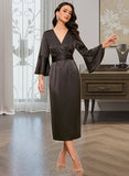 Essence V-Neck Long Sleeves Elegant Sheath Satin Midi Dresses UKP0016855