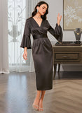 Essence V-Neck Long Sleeves Elegant Sheath Satin Midi Dresses UKP0016855