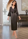 Essence V-Neck Long Sleeves Elegant Sheath Satin Midi Dresses UKP0016855