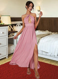 Kiley Split Front Halter Sleeveless Elegant A-line Chiffon Midi Dresses UKP0016857