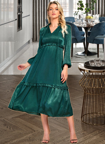 Nora V-Neck Long Sleeves Elegant A-line Satin Midi Dresses UKP0016863