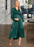 Nora V-Neck Long Sleeves Elegant A-line Satin Midi Dresses UKP0016863