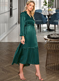 Nora V-Neck Long Sleeves Elegant A-line Satin Midi Dresses UKP0016863