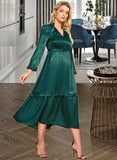 Nora V-Neck Long Sleeves Elegant A-line Satin Midi Dresses UKP0016863