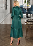 Nora V-Neck Long Sleeves Elegant A-line Satin Midi Dresses UKP0016863