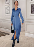 Nathalie Split Front V-Neck Long Sleeves Casual A-line Polyester Midi Dresses UKP0016880