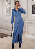 Nathalie Split Front V-Neck Long Sleeves Casual A-line Polyester Midi Dresses UKP0016880