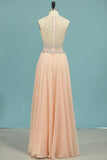 Prom Dresses Scoop Beaded Bodice Chiffon Sweep Train