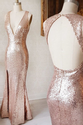 Sexy Open Back V Neck Mermaid Prom Dresses Sequins With Slit