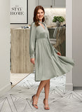 Hilda Bow(s) V-Neck Long Sleeves Elegant A-line Satin Midi Dresses UKP0016904