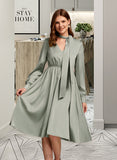 Hilda Bow(s) V-Neck Long Sleeves Elegant A-line Satin Midi Dresses UKP0016904