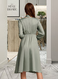 Hilda Bow(s) V-Neck Long Sleeves Elegant A-line Satin Midi Dresses UKP0016904