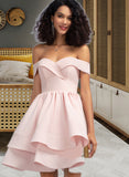 Katelynn Cascading Ruffles Off the Shoulder Sleeveless A-line Stretch Crepe Stretch Crepe Mini Dresses UKP0016923