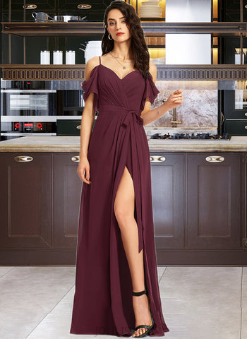 Yadira A-line V-Neck Floor-Length Chiffon Bridesmaid Dress With Ruffle UKP0016925