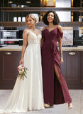 Yadira A-line V-Neck Floor-Length Chiffon Bridesmaid Dress With Ruffle UKP0016925