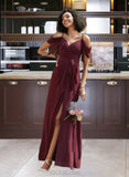 Yadira A-line V-Neck Floor-Length Chiffon Bridesmaid Dress With Ruffle UKP0016925