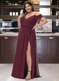 Yadira A-line V-Neck Floor-Length Chiffon Bridesmaid Dress With Ruffle UKP0016925