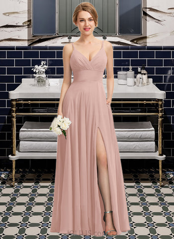 Aryanna A-Line V-neck Floor-Length Chiffon Bridesmaid Dress With Ruffle UKP0016929