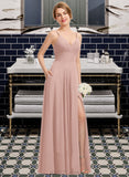 Aryanna A-Line V-neck Floor-Length Chiffon Bridesmaid Dress With Ruffle UKP0016929