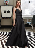 Naomi A-line V-Neck Floor-Length Satin Bridesmaid Dress With Ruffle UKP0016931