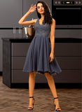 Keyla A-line V-Neck Short/Mini Chiffon Lace Bridesmaid Dress With Beading UKP0016933