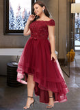 Teresa A-Line Off-the-Shoulder Asymmetrical Tulle Lace Bridesmaid Dress With Beading Bow(s) UKP0016937