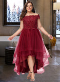 Teresa A-Line Off-the-Shoulder Asymmetrical Tulle Lace Bridesmaid Dress With Beading Bow(s) UKP0016937