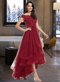 Teresa A-Line Off-the-Shoulder Asymmetrical Tulle Lace Bridesmaid Dress With Beading Bow(s) UKP0016937