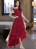 Teresa A-Line Off-the-Shoulder Asymmetrical Tulle Lace Bridesmaid Dress With Beading Bow(s) UKP0016937