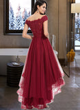 Teresa A-Line Off-the-Shoulder Asymmetrical Tulle Lace Bridesmaid Dress With Beading Bow(s) UKP0016937