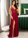 Patricia A-Line V-neck Floor-Length Chiffon Bridesmaid Dress With Sequins UKP0016943