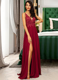 Patricia A-Line V-neck Floor-Length Chiffon Bridesmaid Dress With Sequins UKP0016943