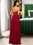 Patricia A-Line V-neck Floor-Length Chiffon Bridesmaid Dress With Sequins UKP0016943