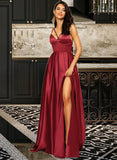 Patricia A-line V-Neck Floor-Length Satin Bridesmaid Dress UKP0016953