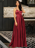 Patricia A-line V-Neck Floor-Length Satin Bridesmaid Dress UKP0016953