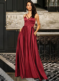 Patricia A-line V-Neck Floor-Length Satin Bridesmaid Dress UKP0016953