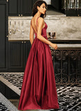 Patricia A-line V-Neck Floor-Length Satin Bridesmaid Dress UKP0016953