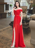 Zoey A-Line Off-the-Shoulder Sweep Train Chiffon Charmeuse Bridesmaid Dress With Ruffle UKP0016954