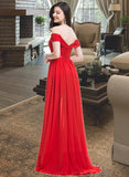 Zoey A-Line Off-the-Shoulder Sweep Train Chiffon Charmeuse Bridesmaid Dress With Ruffle UKP0016954