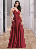 Pamela A-Line V-neck Floor-Length Satin Bridesmaid Dress With Ruffle UKP0016957