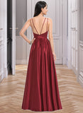 Pamela A-Line V-neck Floor-Length Satin Bridesmaid Dress With Ruffle UKP0016957