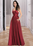 Pamela A-Line V-neck Floor-Length Satin Bridesmaid Dress With Ruffle UKP0016957