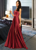 Patti A-line V-Neck Floor-Length Satin Bridesmaid Dress UKP0016960