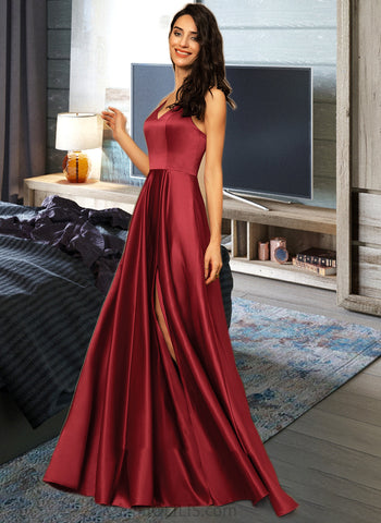 Patti A-line V-Neck Floor-Length Satin Bridesmaid Dress UKP0016960